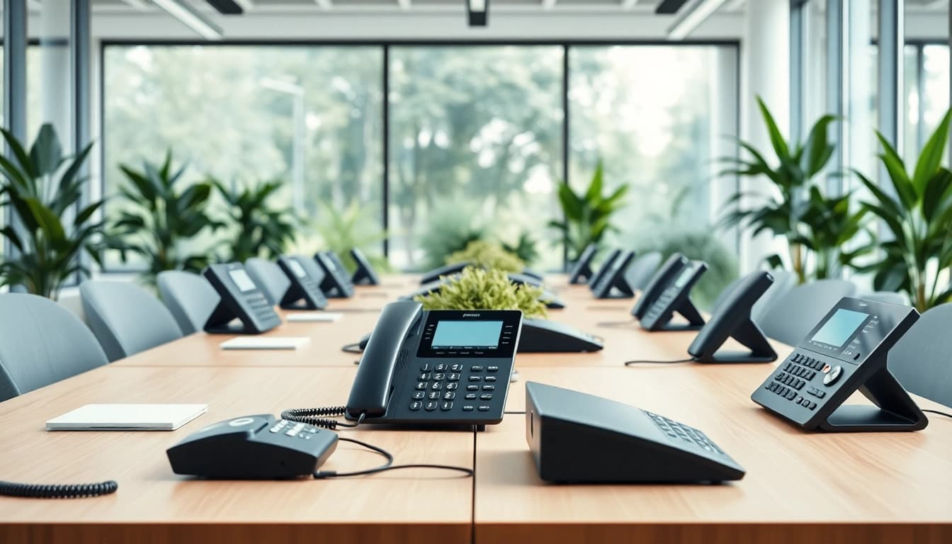 Showcase of advanced business telephone systems in a professional office setting