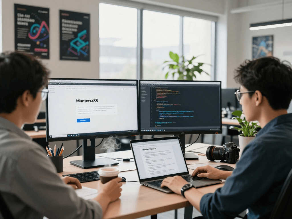 Explore mantra88 login process in a modern tech workspace with screens and coffee.
