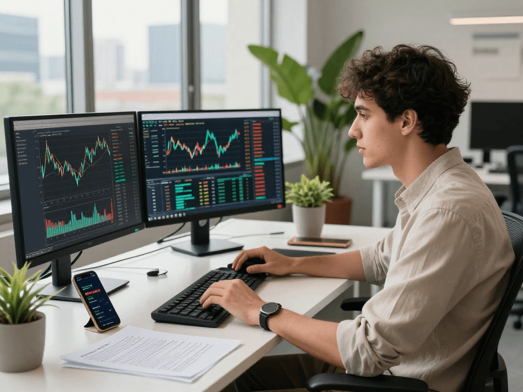 Dynamic fintech workspace featuring net88 cryptocurrency trading on multiple screens.