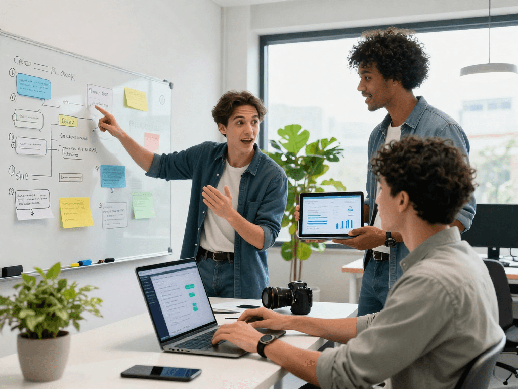 Engaging discussion about spicy chat AI in a modern tech workspace, showcasing innovative teamwork.