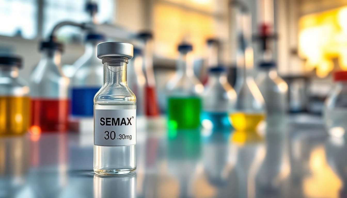 Explore semax 30mg peptide in a professional lab setting with scientific equipment and vibrant solutions.