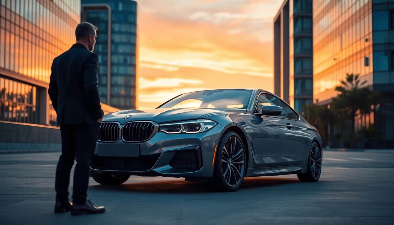 A luxury BMW car parked in an upscale urban setting, showcasing elegance and sophistication.