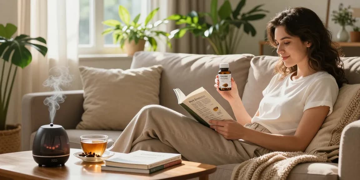 Person enjoying best kratom capsules while relaxing in a serene living room filled with plants.