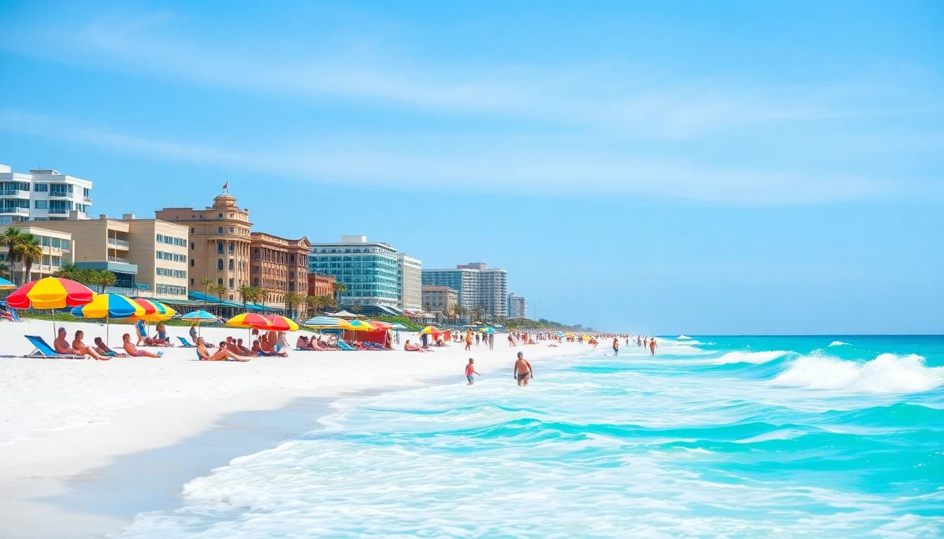 Enjoy the sunny beach atmosphere in Pensacola FL with families and vibrant umbrellas.