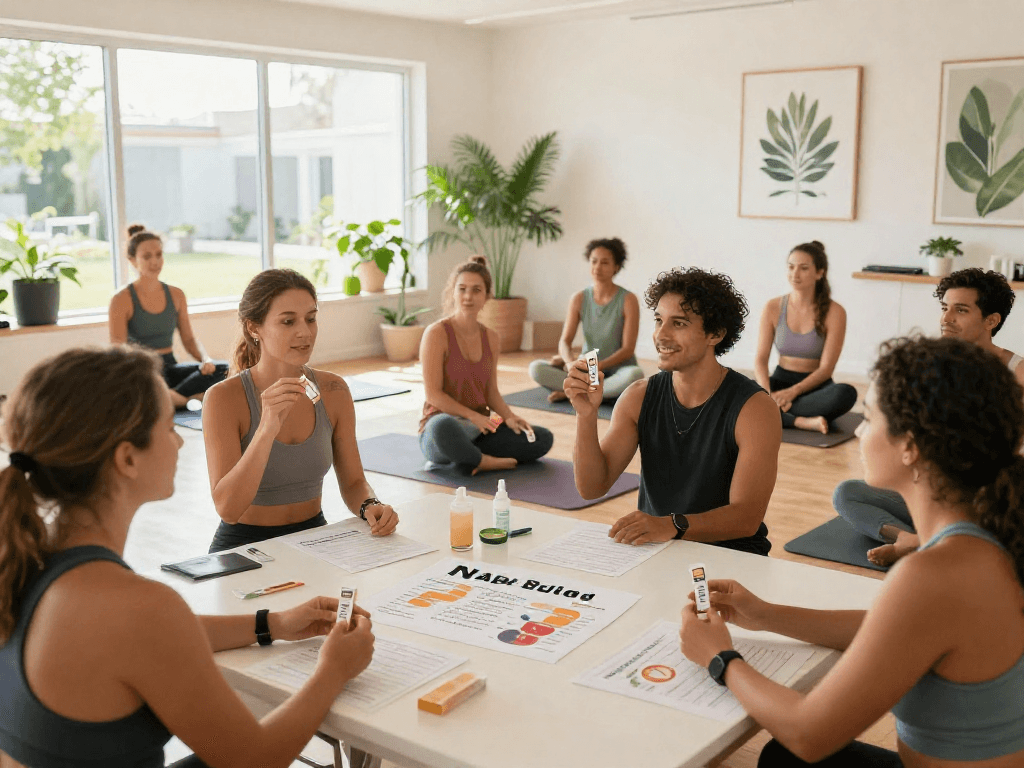 NAD+ benefits workshop with diverse participants discussing Restore Blend Peptide Buccal Strips in a bright wellness studio.