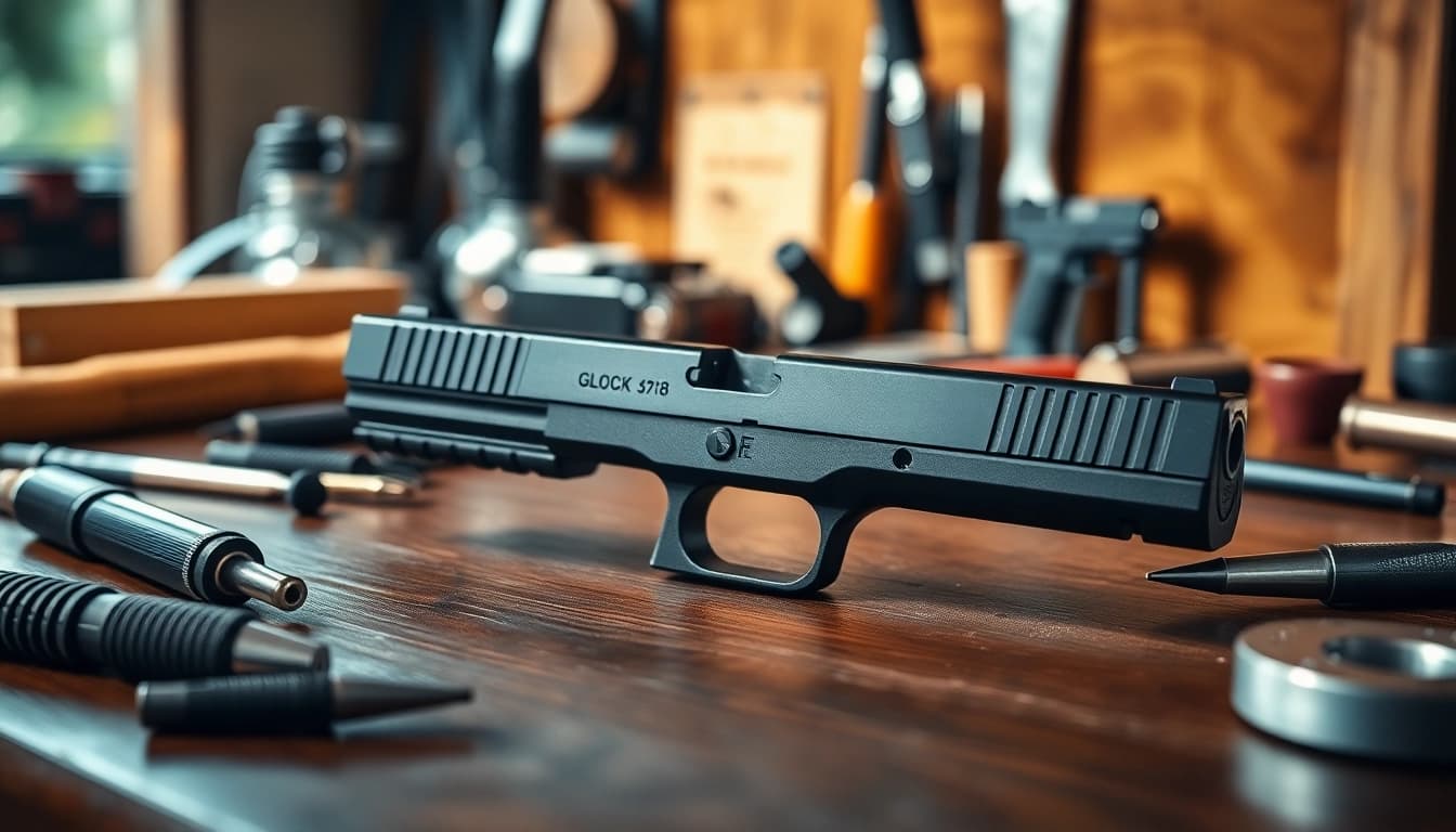 Showcase of Glock 48 complete slide with detailed craftsmanship and gunsmithing tools.