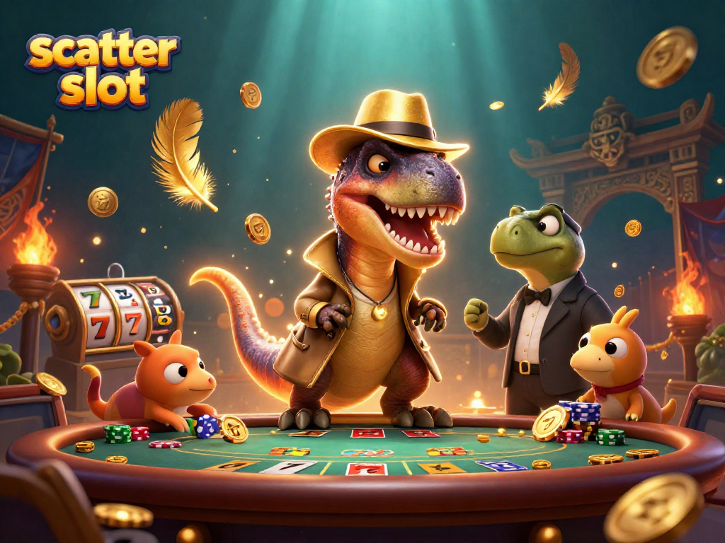 Experience the excitement of scatter slots with a dynamic 3D illustration featuring playful characters and casino elements.