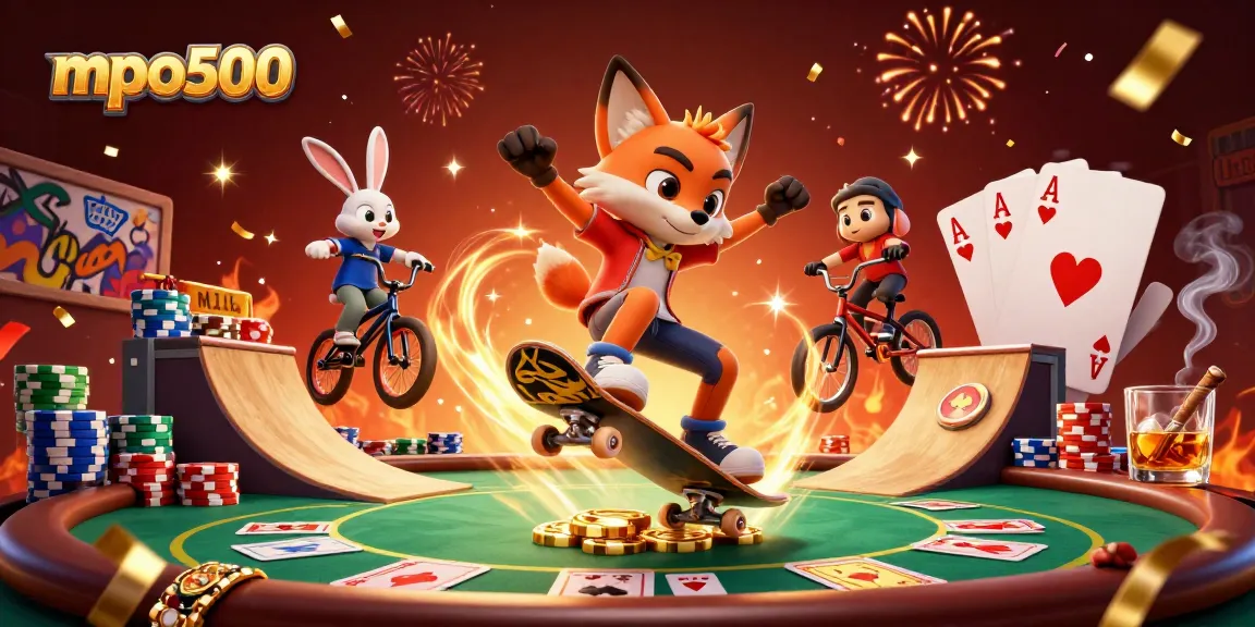 Experience the thrill of mpo500 as a fox skates over casino-themed ramps amidst vibrant visuals.