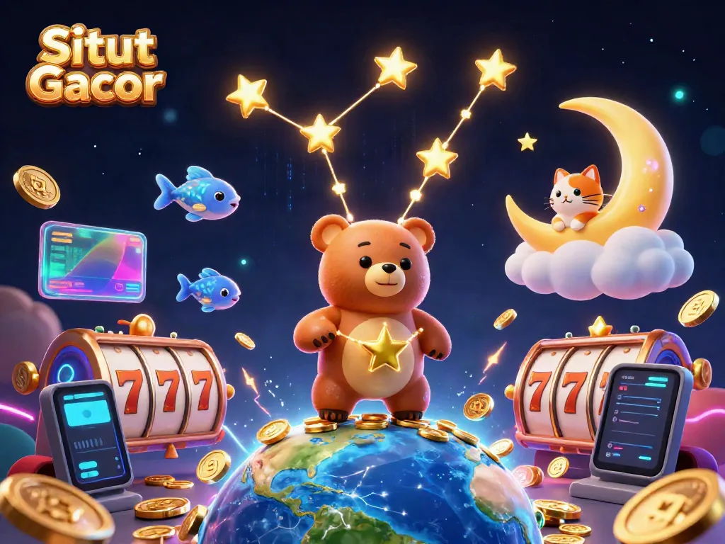 Visualisasi Situs Slot Gacor yang menampilkan bintang beruang dan simbol slot berkilau, menciptakan suasana bermain yang menarik.