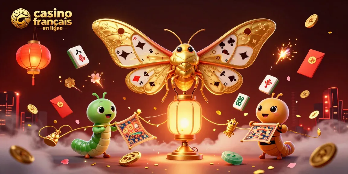Gagnez au casino français en ligne avec des jeux de cartes, des lanternes dorées et des motifs qui éclatent dans une illustration dynamique.