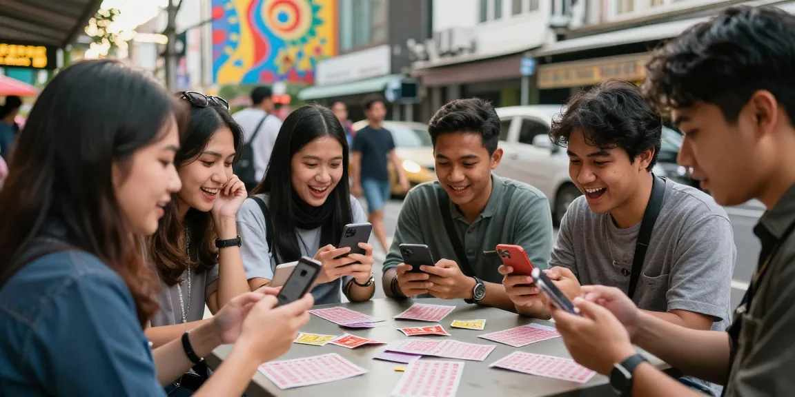 Young adults engaging around a table checking their lottery results, showcasing excitement about situs togel in a vibrant city.