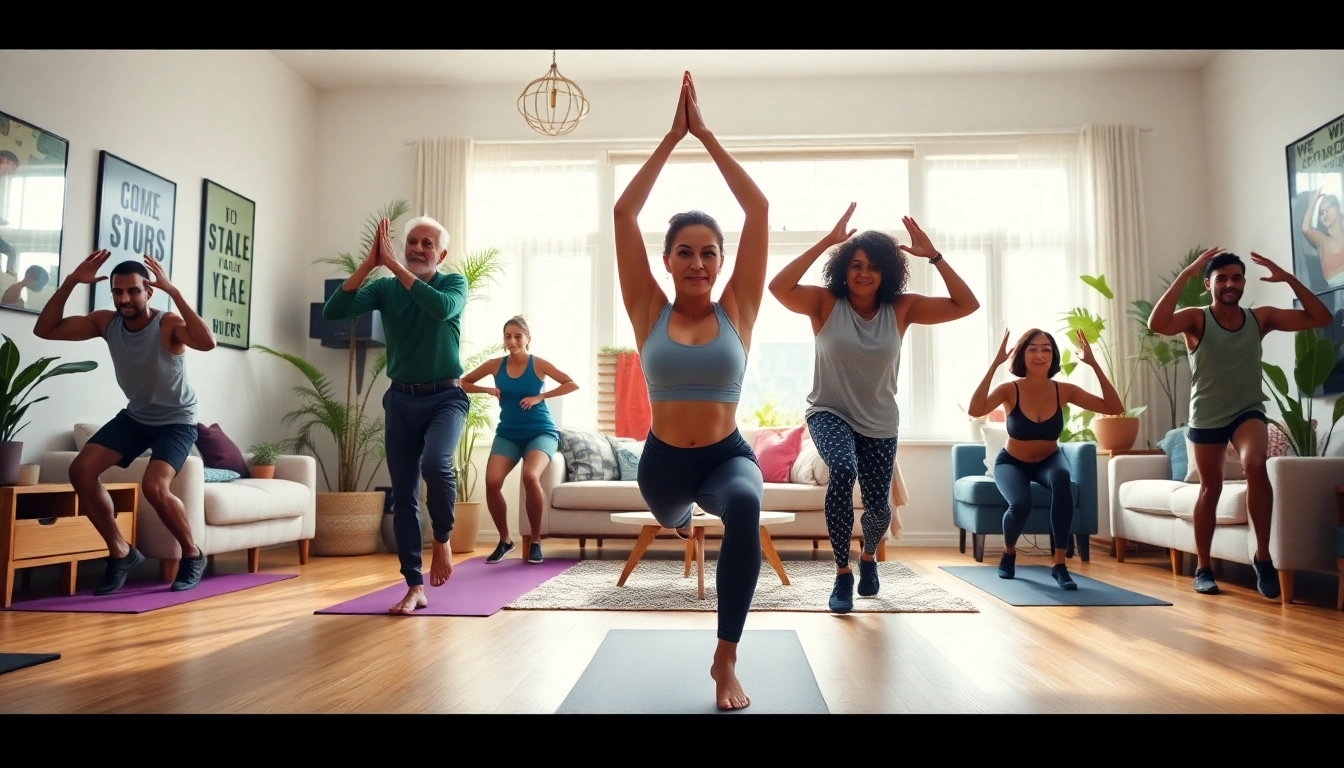 Engaging scene of home workout plans with diverse individuals exercising in a bright living room.