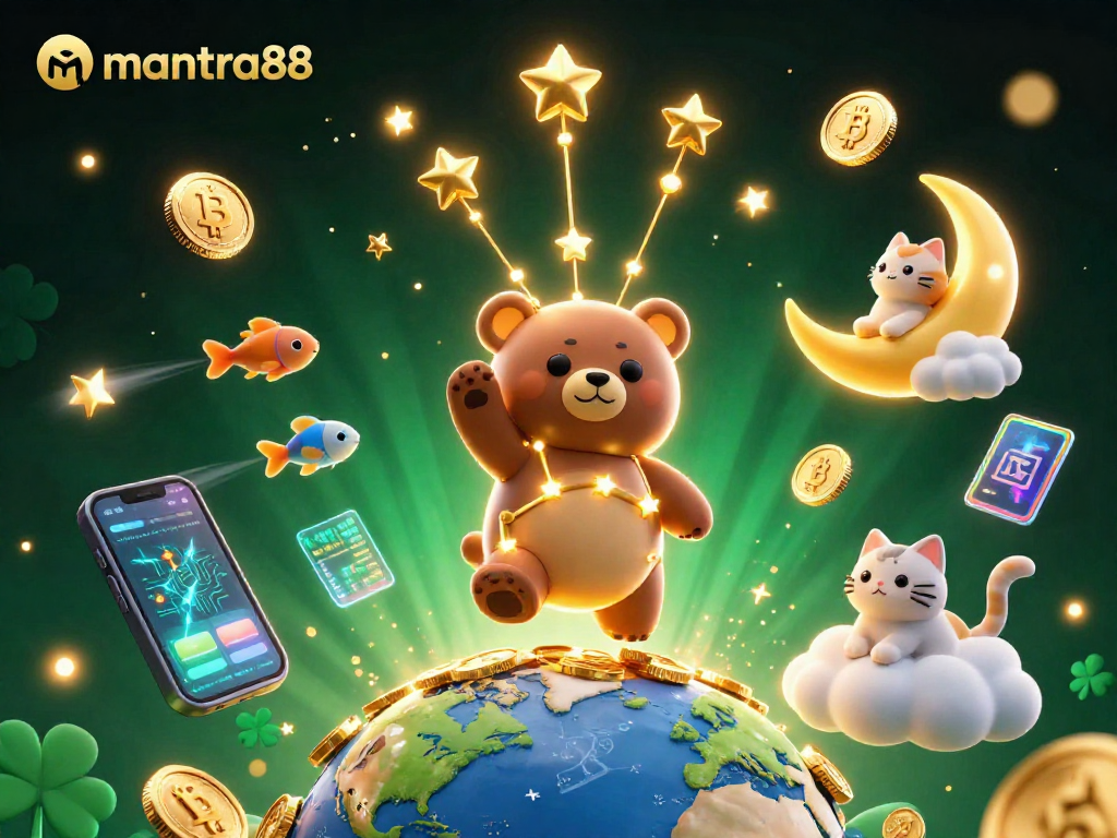 Engage with mantra88's thrilling gaming experience featuring a cosmic bear and digital elements.