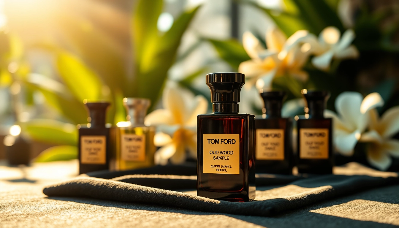 Capture the allure of a tom ford oud wood sample surrounded by luxury and nature.