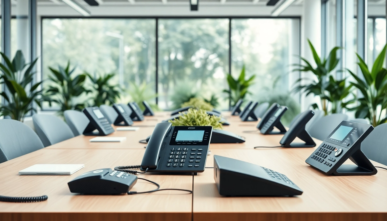Showcase of advanced business telephone systems in a professional office setting