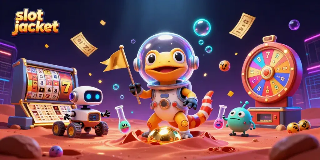 Mencetak slot jackpot dengan gecko Mars dan rover robot di kasino emas, penuh simbol slot.