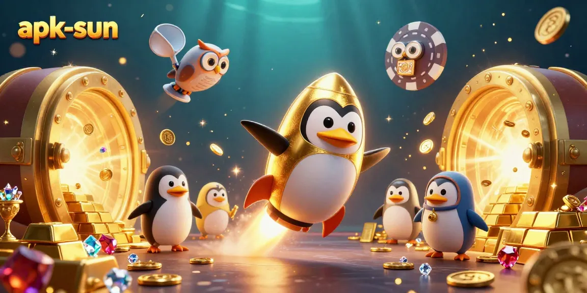 Experience excitement with apk-sun as a rocket-powered penguin soars toward a casino station filled with treasures.