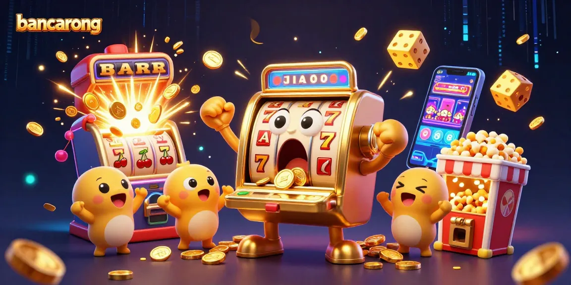 bancarong slot machine celebrating its jackpot with excitement, surrounded by cheering machines and golden coins