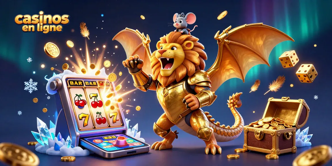 Joue aux casinos en ligne avec une illustration captivante d'une chimère dorée et machine à sous remplie de pièces.