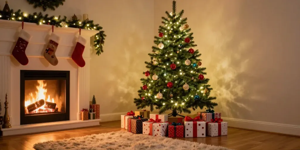 A stunning slim Christmas tree with decorations in a cozy living room for the festive season.