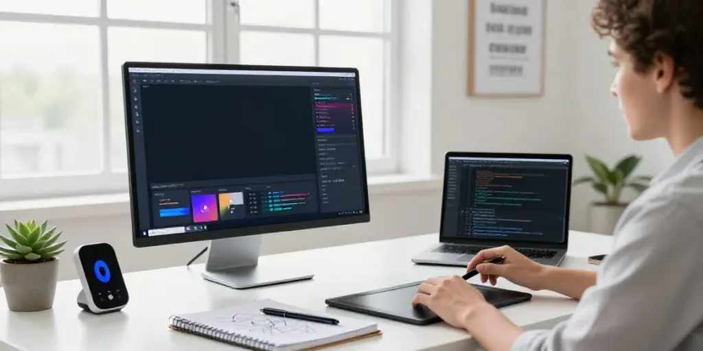 Professional using AI text creation software in a modern workspace