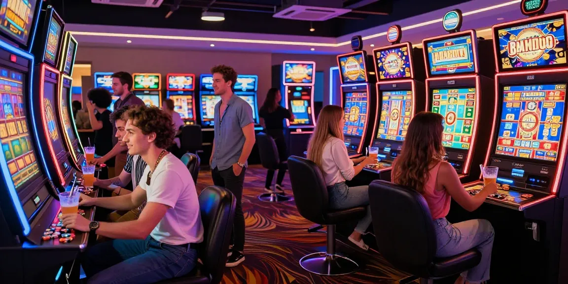 Teman-teman merayakan momen menang di situs slot gacor, suasana kasino yang ceria dan berwarna-warni.
