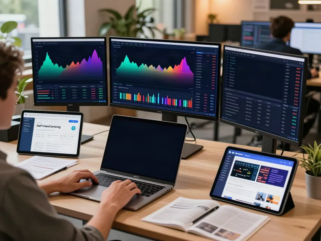金融データプロバイダー 日本 integrated into a dynamic cryptocurrency trading scene, featuring monitors displaying trading charts and a digital wallet, reflecting innovation.