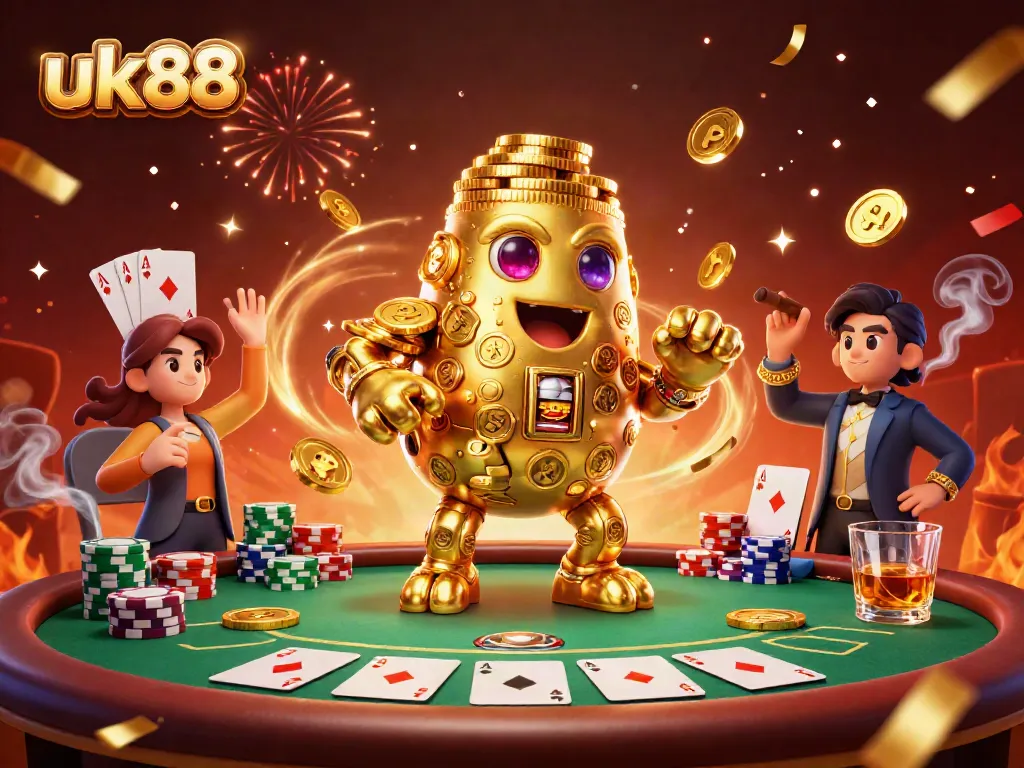 Experience entertainment with uk88's vibrant gaming scene featuring a golden golem and poker elements.