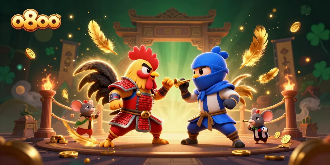 Experience thrilling combat with dynamic roosters at o8oo amid a vibrant, detailed casino scene.