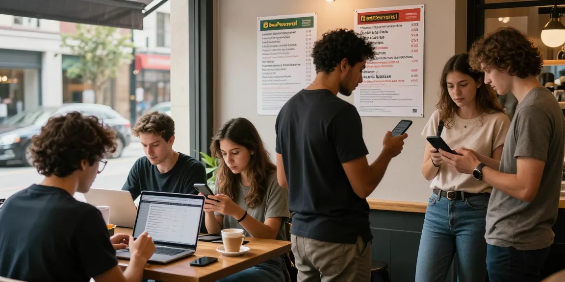 People using BedPersonal for local classifieds in a lively café.