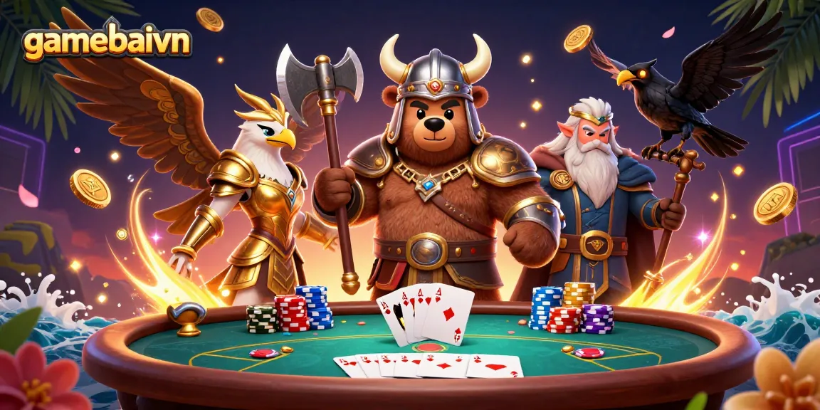 Engage in exciting poker action with gamebaivn, featuring vibrant 3D characters and casino elements.