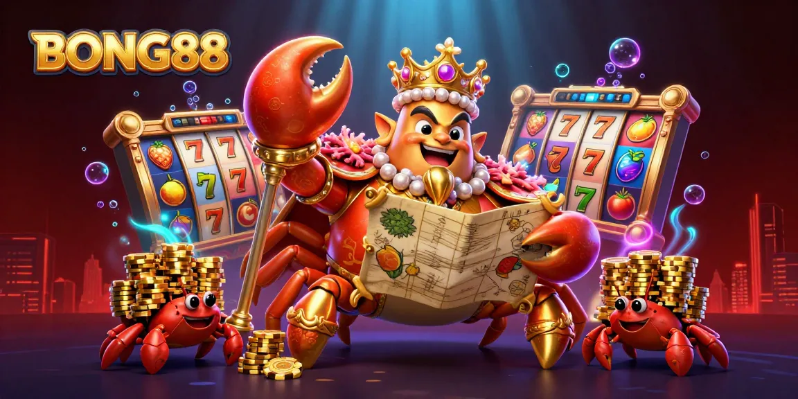 BONG88 captivates players with a vibrant scene showcasing a golden crab emperor and jackpot slots.