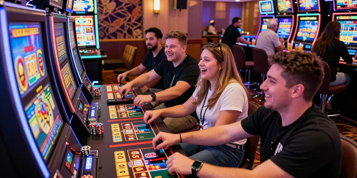 Joyful players engaging at vibrant casino slot machines for slot deposit 5k.