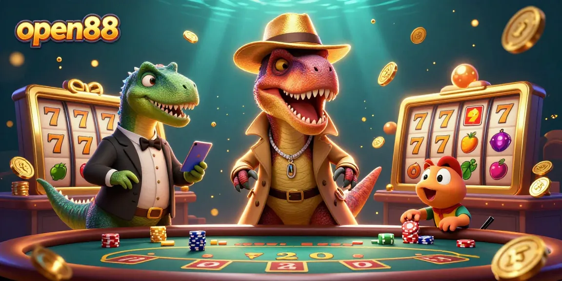 Experience thrilling gameplay at open88 with a cartoon velociraptor and jackpot reels in action.