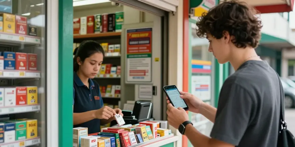 Young adult buying cheap tobacco and cigarettes online in a convenience store.