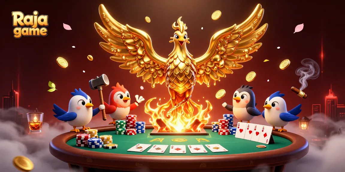 Engage in thrilling Raja game action with a phoenix and poker elements illustrating an exciting casino atmosphere.