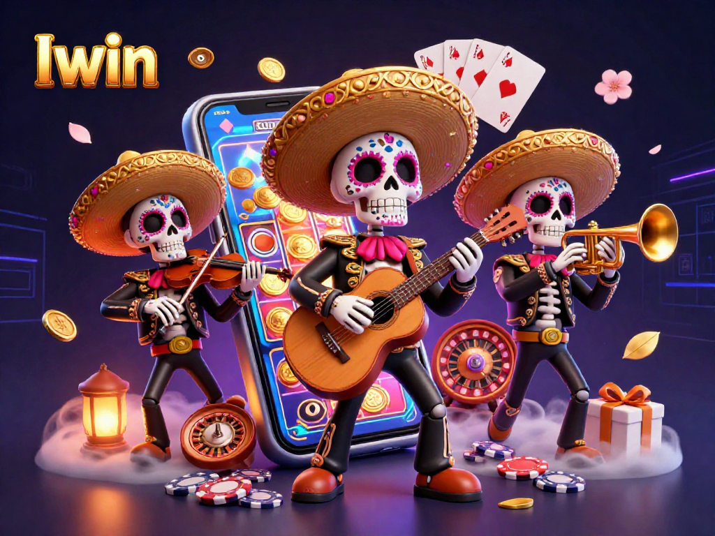 Iwin engages players with vibrant 3D mariachi characters celebrating slot games in a dynamic casino setting.