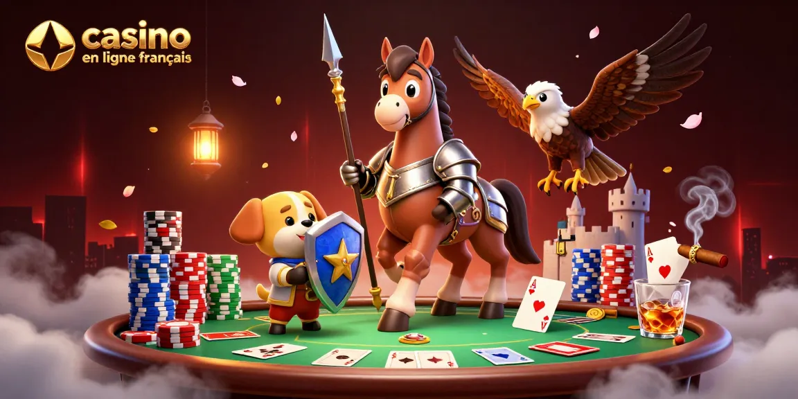 Illustration du casino en ligne français avec un chevalier, un chiot écuyer et un faucon dans un décor riche de jeux de cartes.