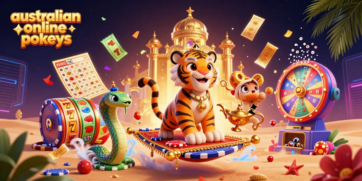 Engage with vibrant Australian online pokies action featuring a decorated tiger sultan on a flying carpet surrounded by colorful slot symbols.