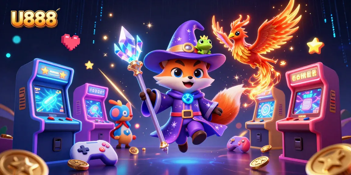 Engage in thrilling gameplay with U888's magical casino scene featuring a wizard fox and phoenix.
