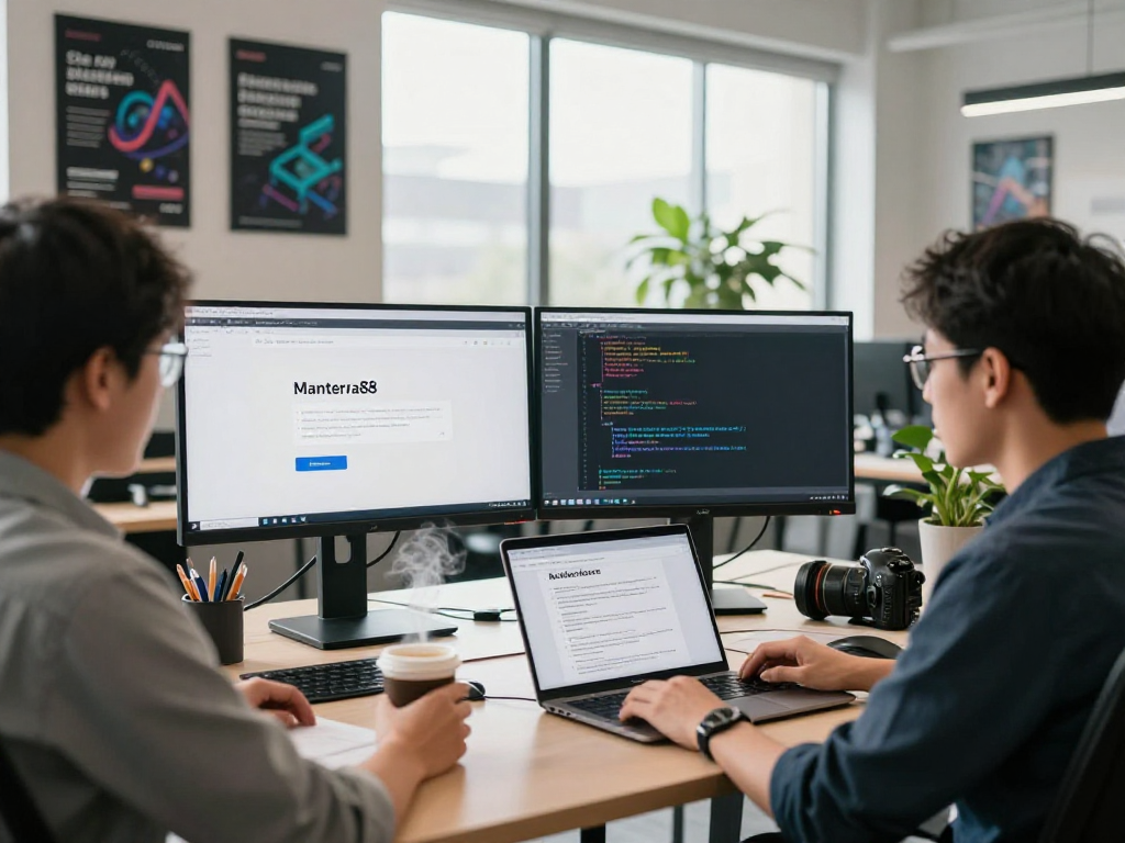 Explore mantra88 login process in a modern tech workspace with screens and coffee.