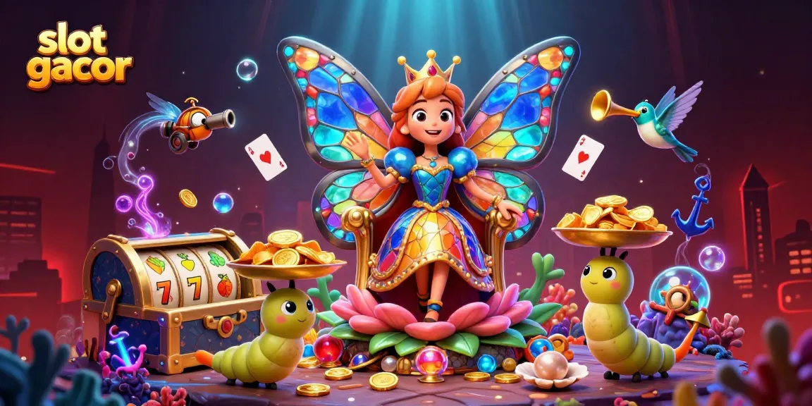 Experience the allure of slot gacor with a vibrant 3D illustration featuring a colorful butterfly queen and dynamic casino elements.