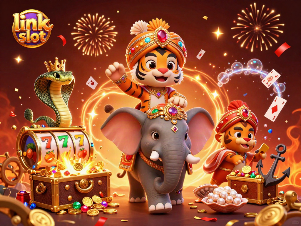 Spin to win at link slot with a colorful 3D illustration of a tiger and elephant amidst casino elements.