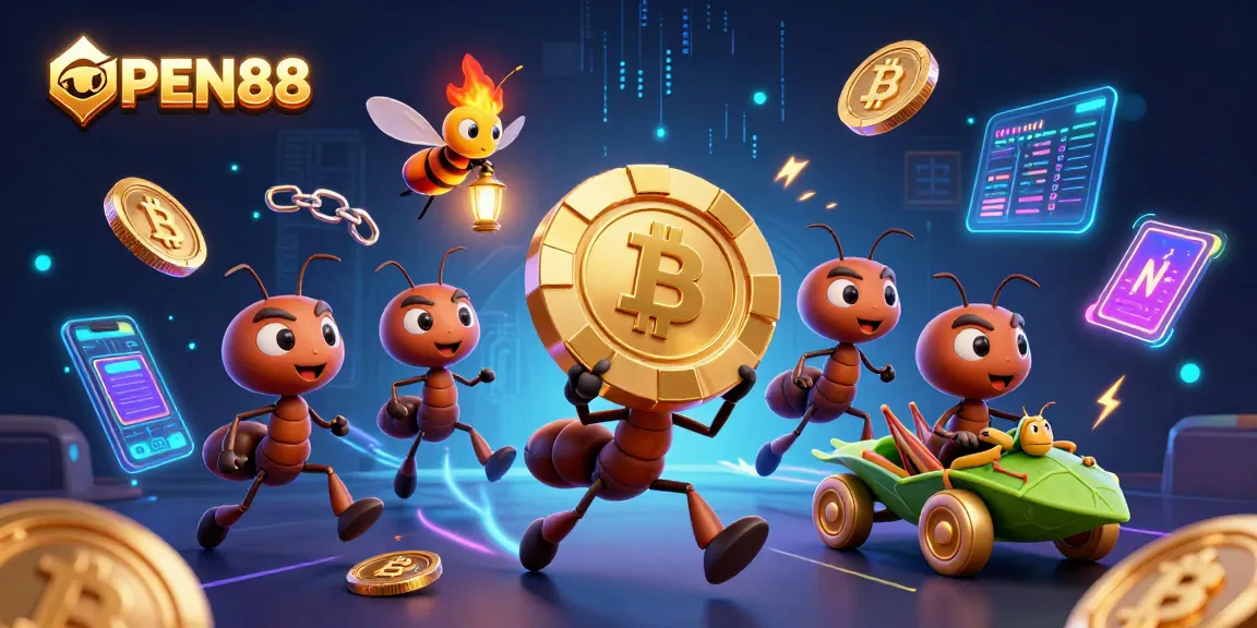 Engage in dynamic gameplay at OPEN88 with a thrilling scene of a heist, poker chip, and vibrant crypto elements.
