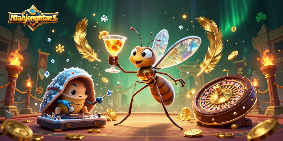 Engaging mahjongtitans scene with a frozen mosquito mascot, trilobite DJ, and dazzling roulette wheel.