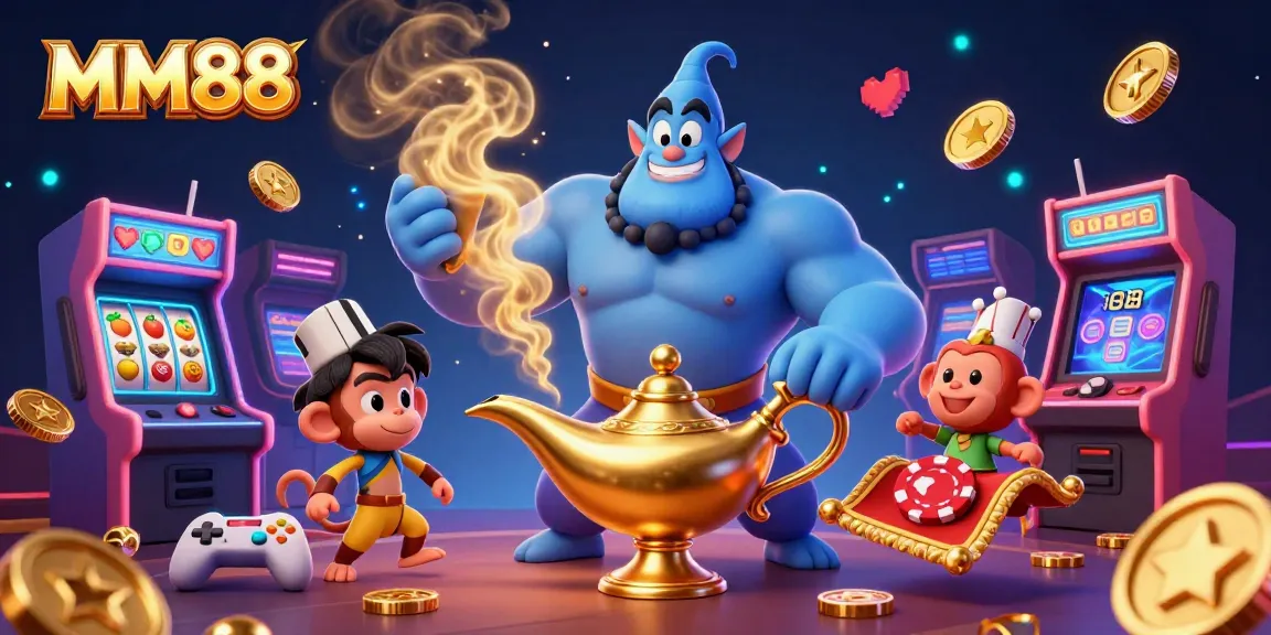 Experience the magic of MM88 with a colorful 3D illustration showcasing a genie, monkey, and casino elements.