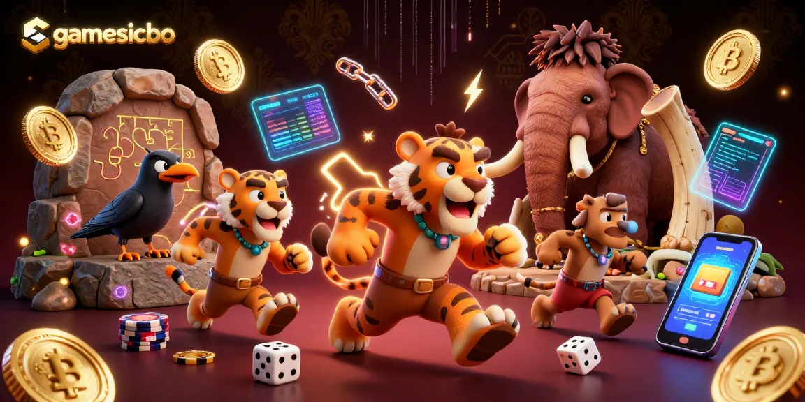 Experience gamesicbo with a lively 3D casino scene featuring prehistoric characters and vibrant crypto elements.