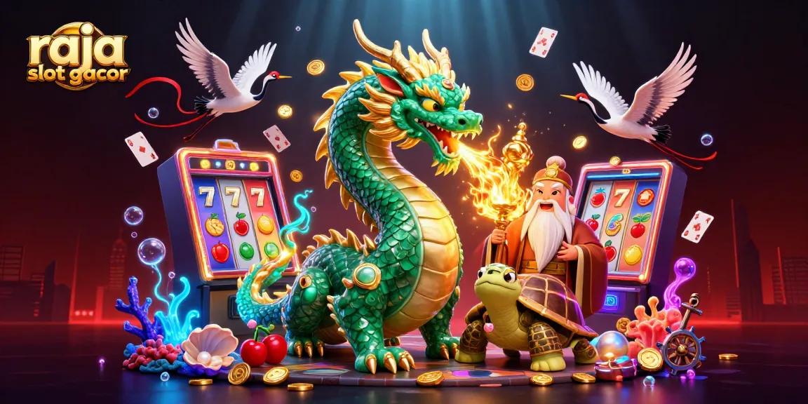 Win big at raja slot gacor with a vibrant illustration of a jade dragon, wise turtle, and lucky cranes.