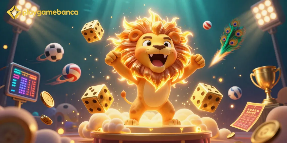 Engage with playgamebanca as the sun lion roars atop clouds, surrounded by colorful sports elements.