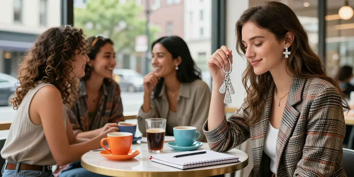 Young woman showcasing diamond keychains at a stylish café table